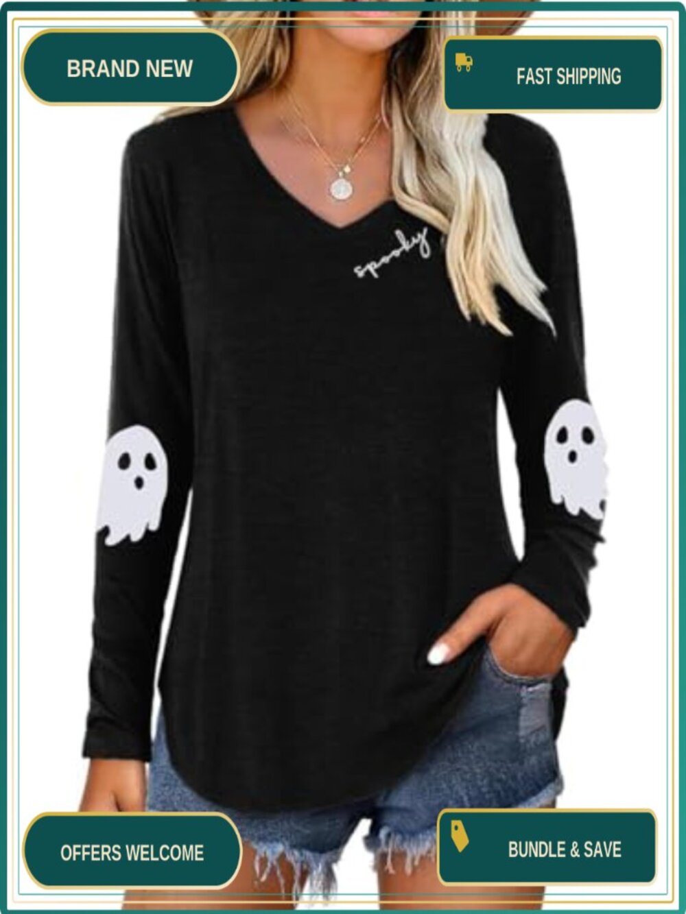Women's Halloween Ghost Graphic Long Sleeve V-Neck T-Shirt Fall Thanksgiving Tee